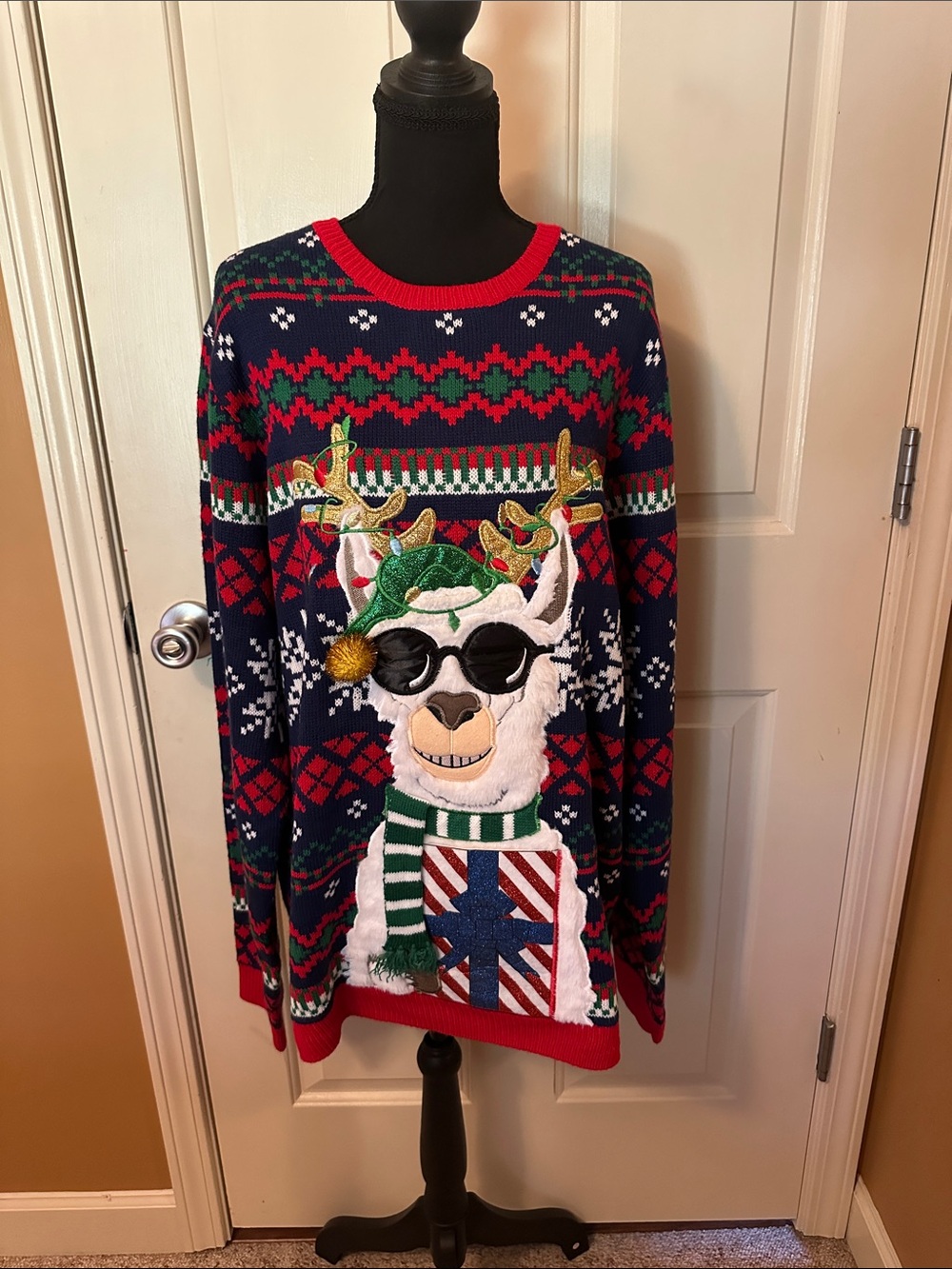 Holiday Time Men's Navy Sweater with Red & Green Llama Graphic and White Accents